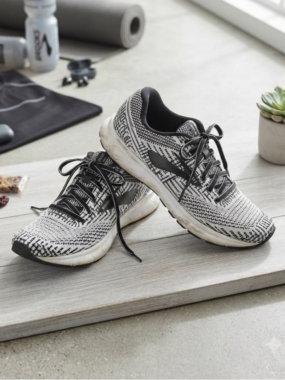 Brooks Black and White Knit Lace-Up Running Sneakers
